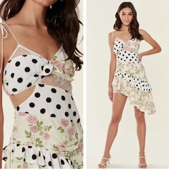 For Love & Lemons ButterScotch Midi Asymmetrical Dress Cut Out Sheer Lace XS - Picture 1 of 11